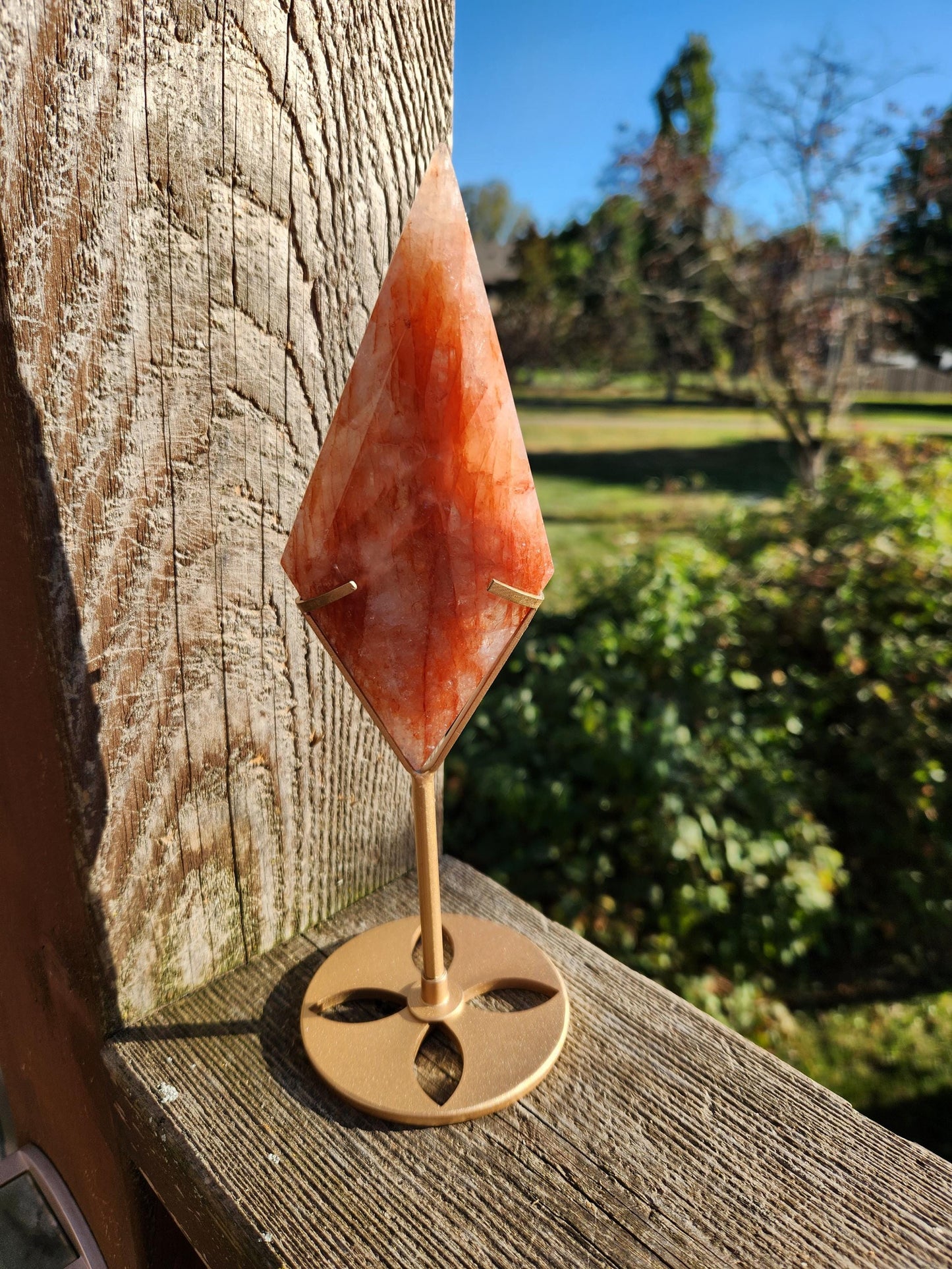 Unique Fire Quartz Crystal Faceted Diamond on Gold Stand