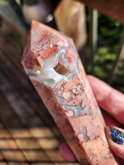 Pink Sakura Agate Wand with Gold Stand: Druzy Caves & Pockets Crystal