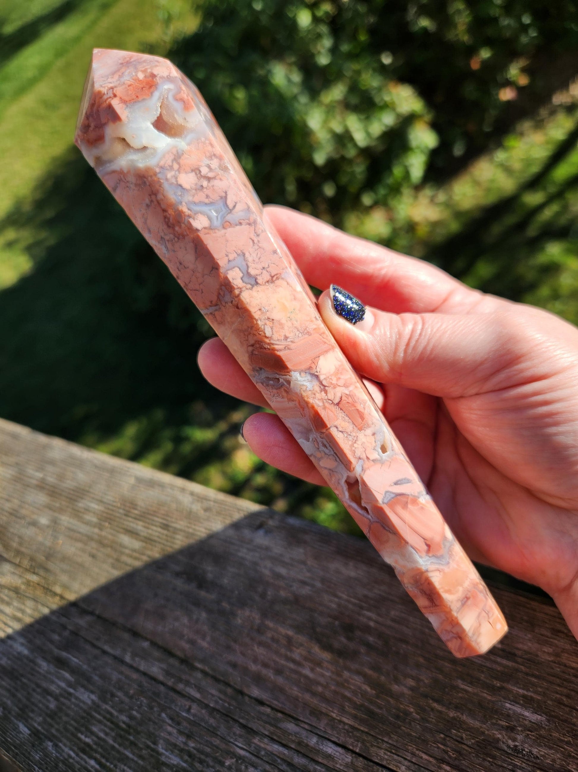 Pink Sakura Agate Wand with Gold Stand: Druzy Caves & Pockets Crystal