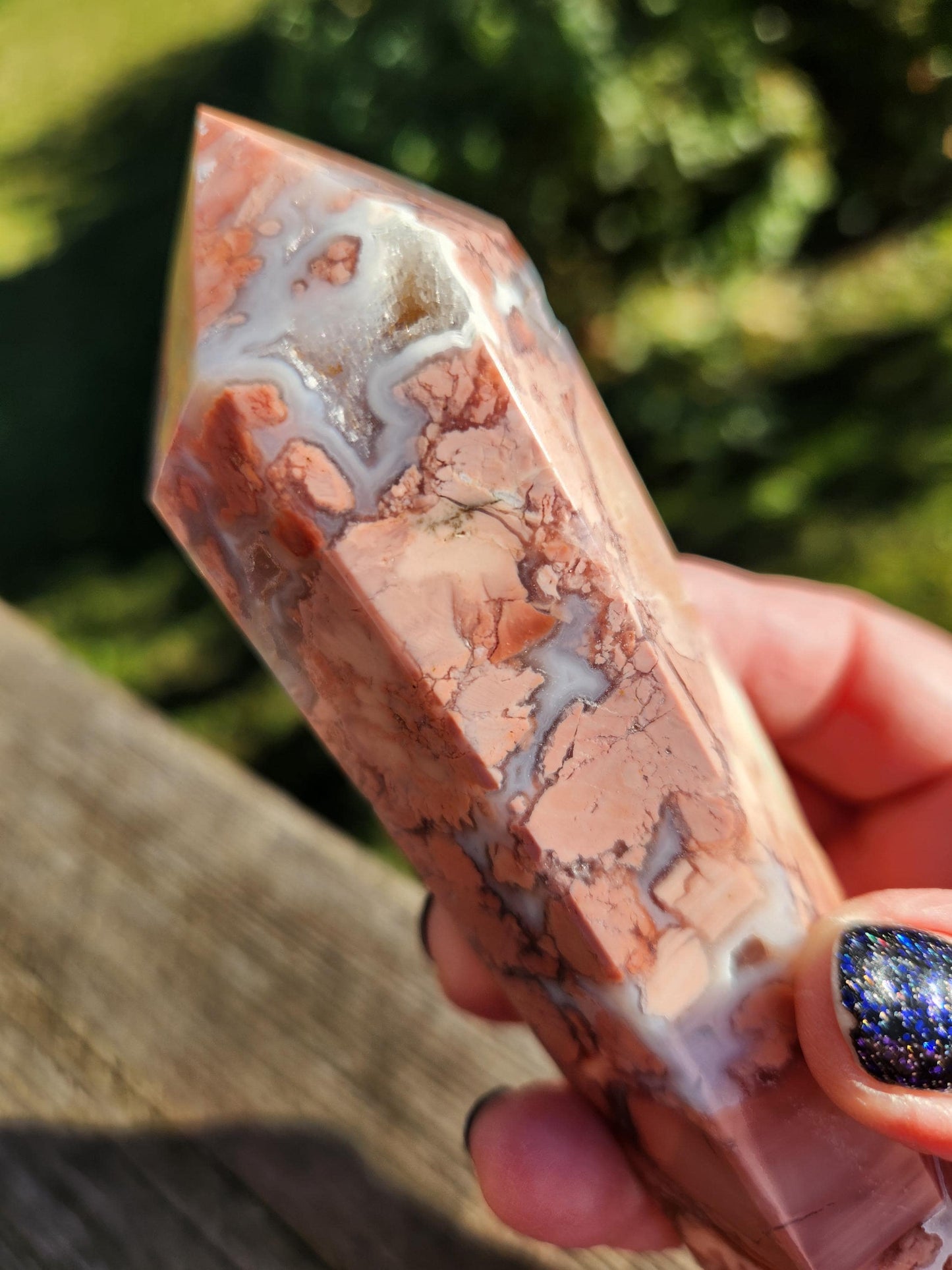 AAA Six Point Pink Sakura Agate Wand on Gold Metal Stand with Druzy Caves and Pockets All Over