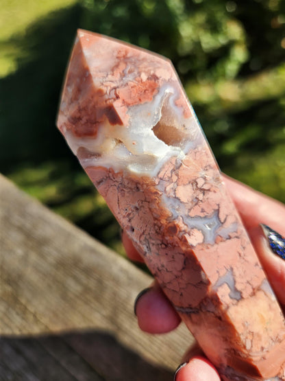 Pink Sakura Agate Wand with Gold Stand: Druzy Caves & Pockets Crystal