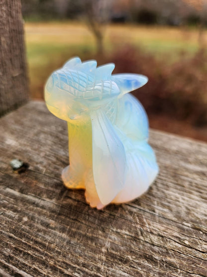 Opalite Dragon Kitty Figurine: Carved Crystal Toothless Dragon