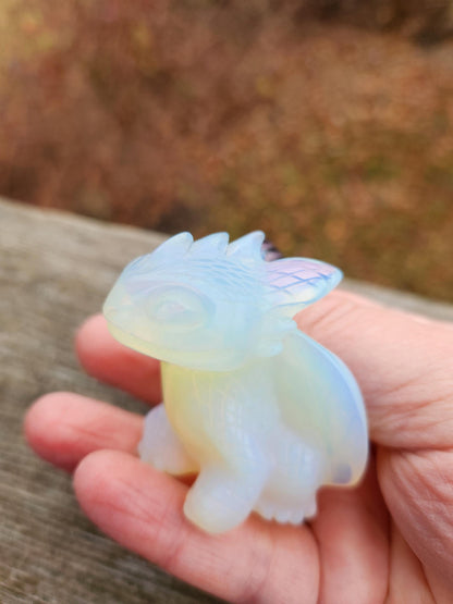 Opalite Dragon Kitty Figurine: Carved Crystal Toothless Dragon