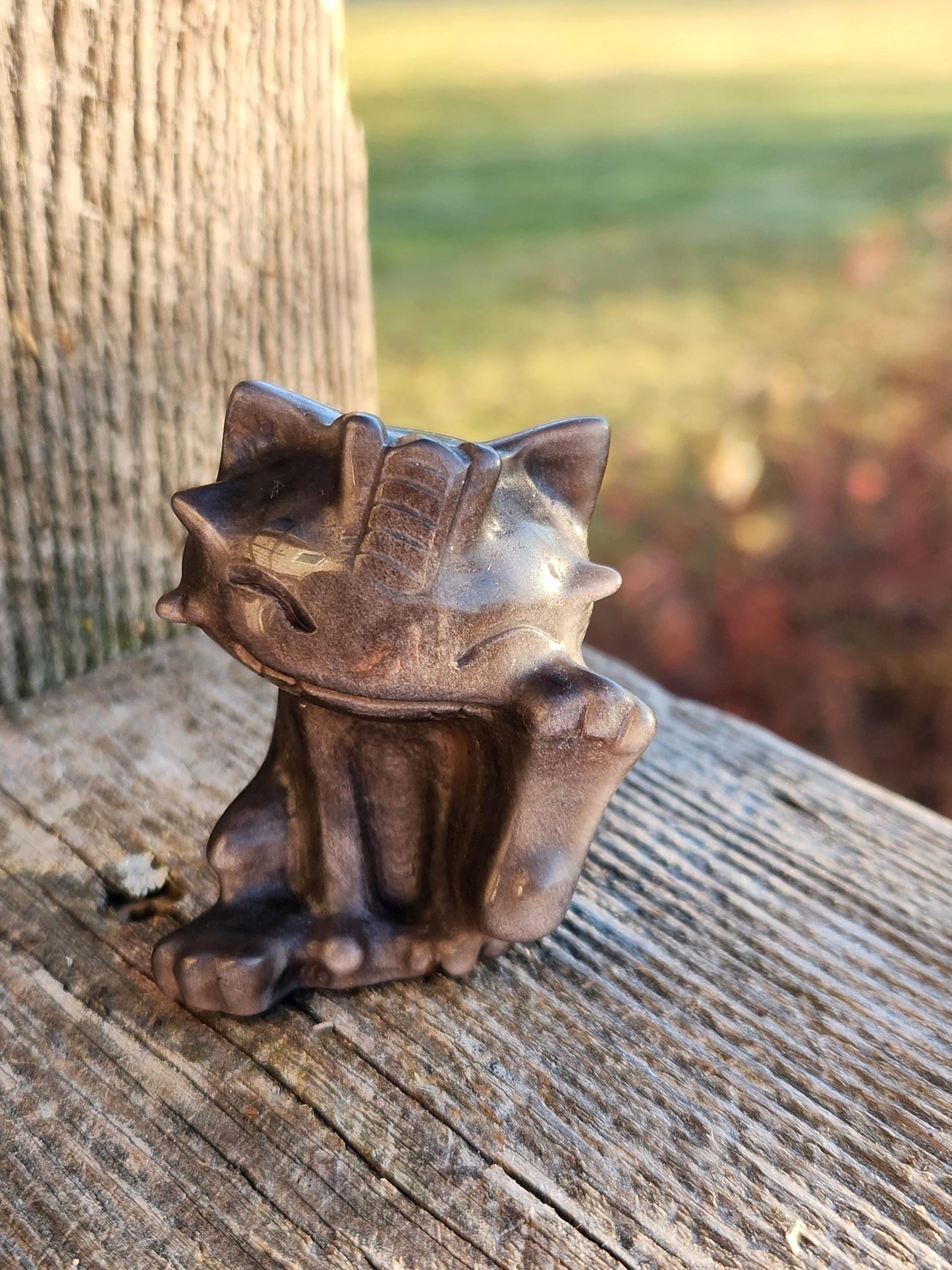 Rare Silver Sheen Obsidian Meowth Natural Stone Crystal with flash, Pokémon, Egyptian Cat