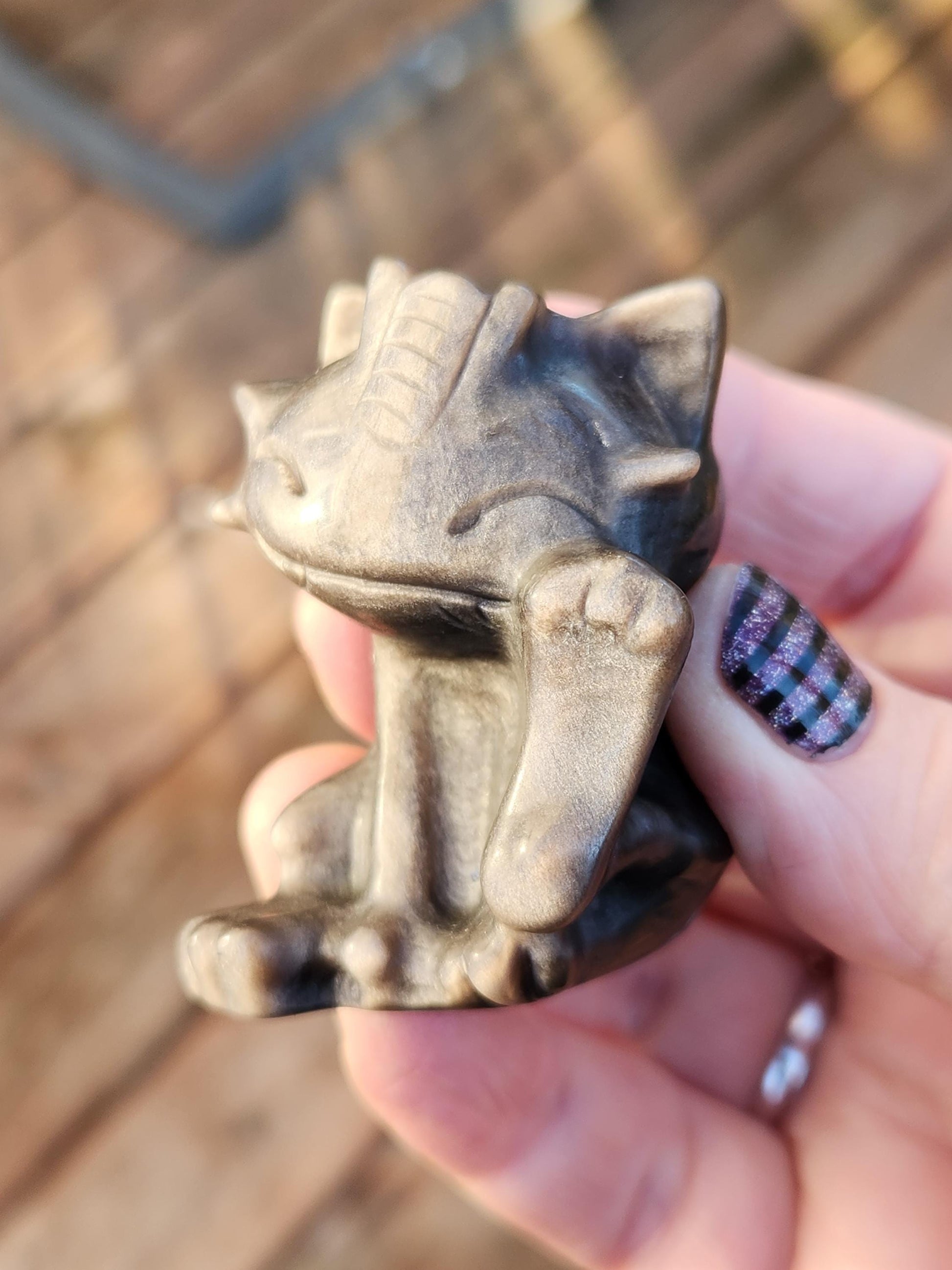 Rare Silver Sheen Obsidian Meowth Natural Stone Crystal with flash, Pokémon, Egyptian Cat