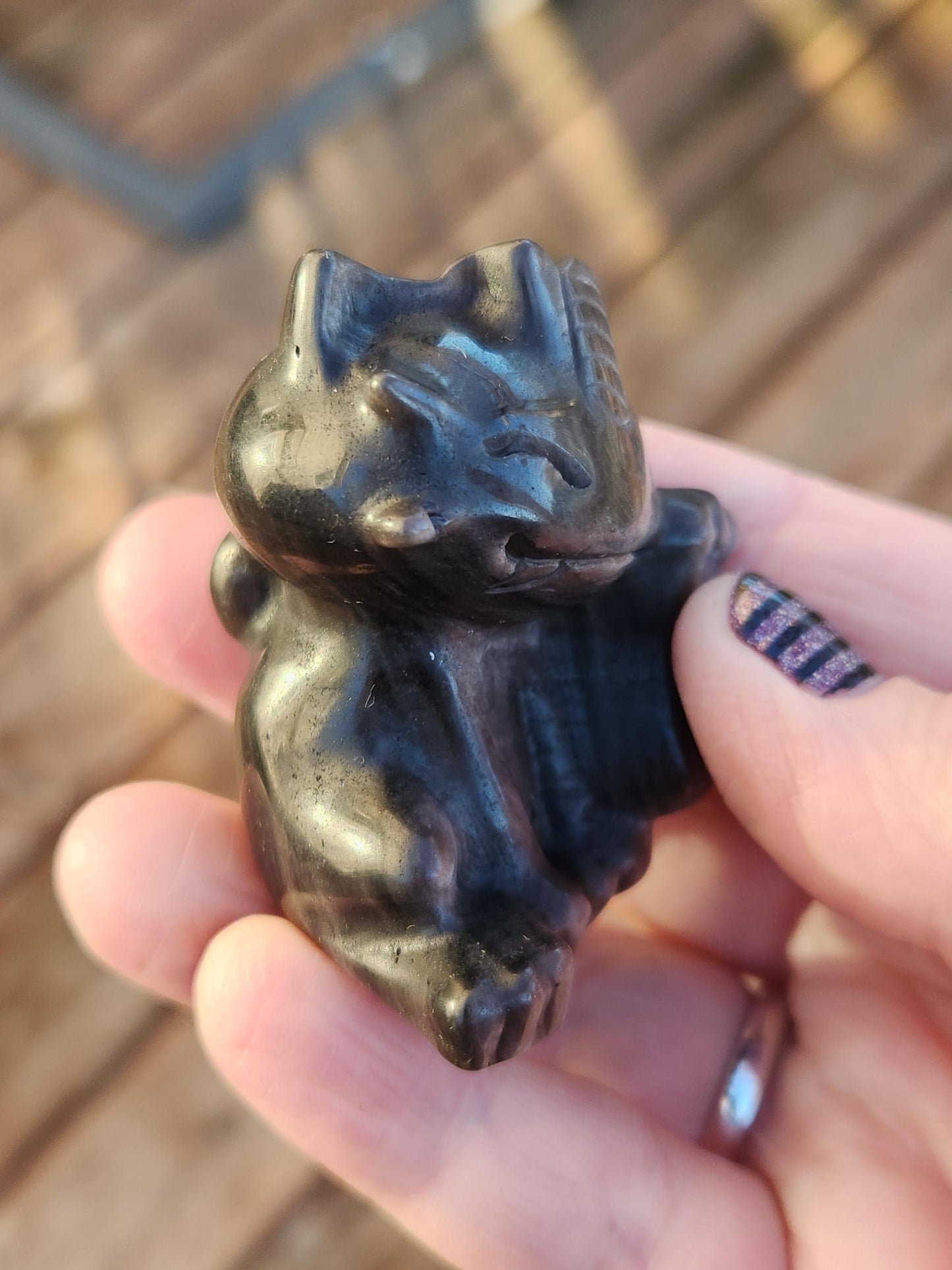 Rare Silver Sheen Obsidian Meowth Natural Stone Crystal with flash, Pokémon, Egyptian Cat