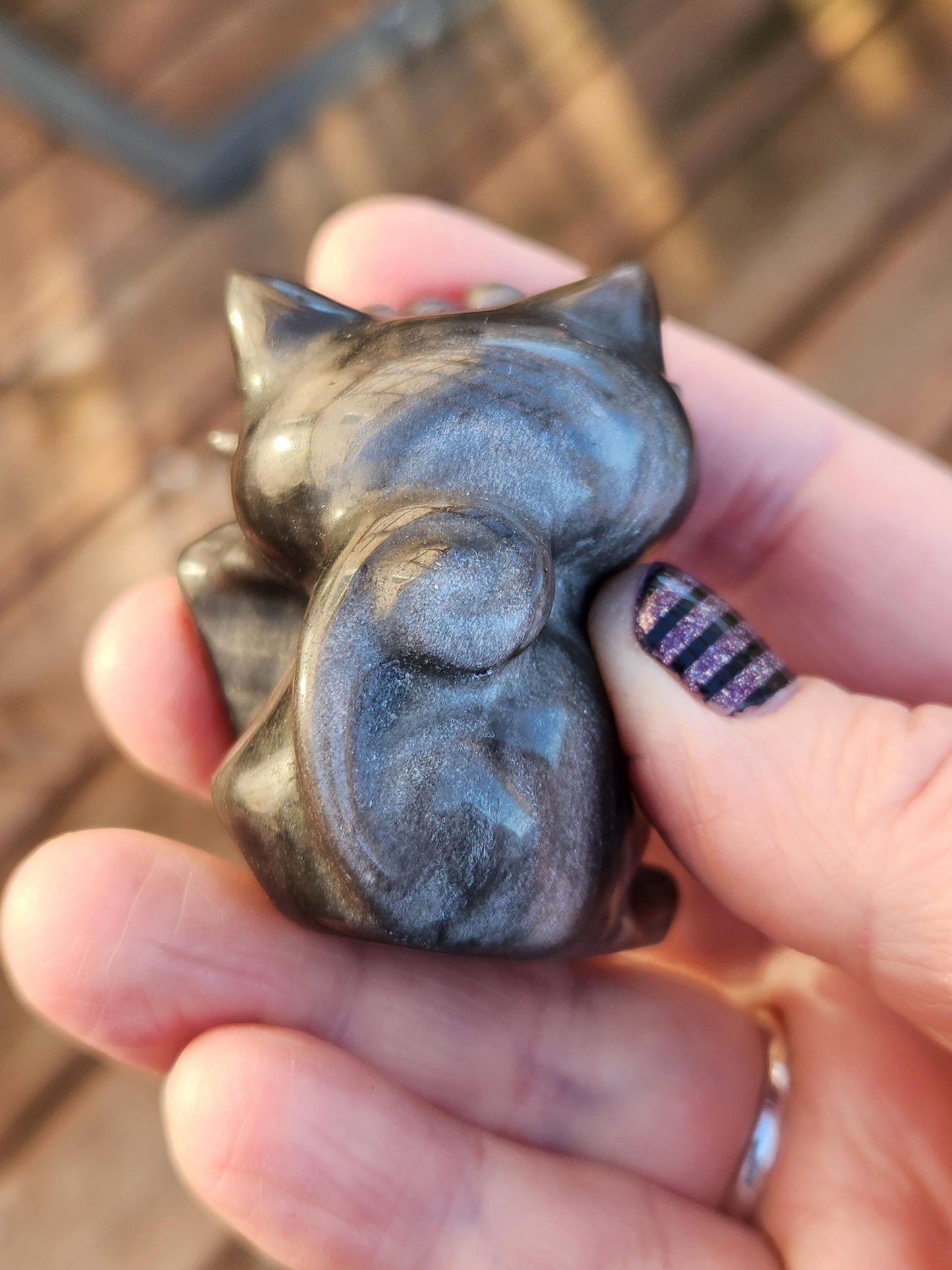 Rare Silver Sheen Obsidian Meowth Natural Stone Crystal with flash, Pokémon, Egyptian Cat