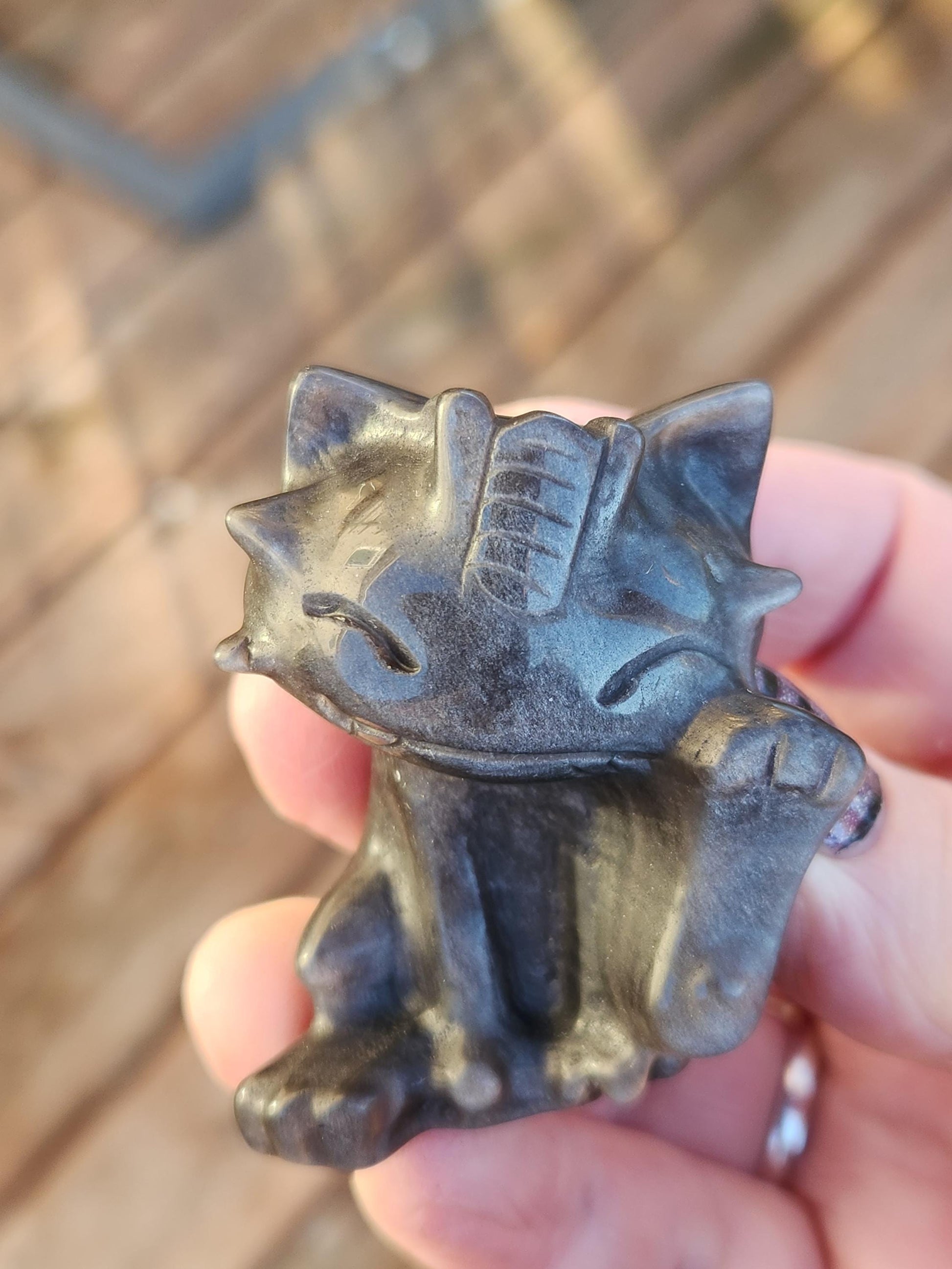 Rare Silver Sheen Obsidian Meowth Natural Stone Crystal with flash, Pokémon, Egyptian Cat