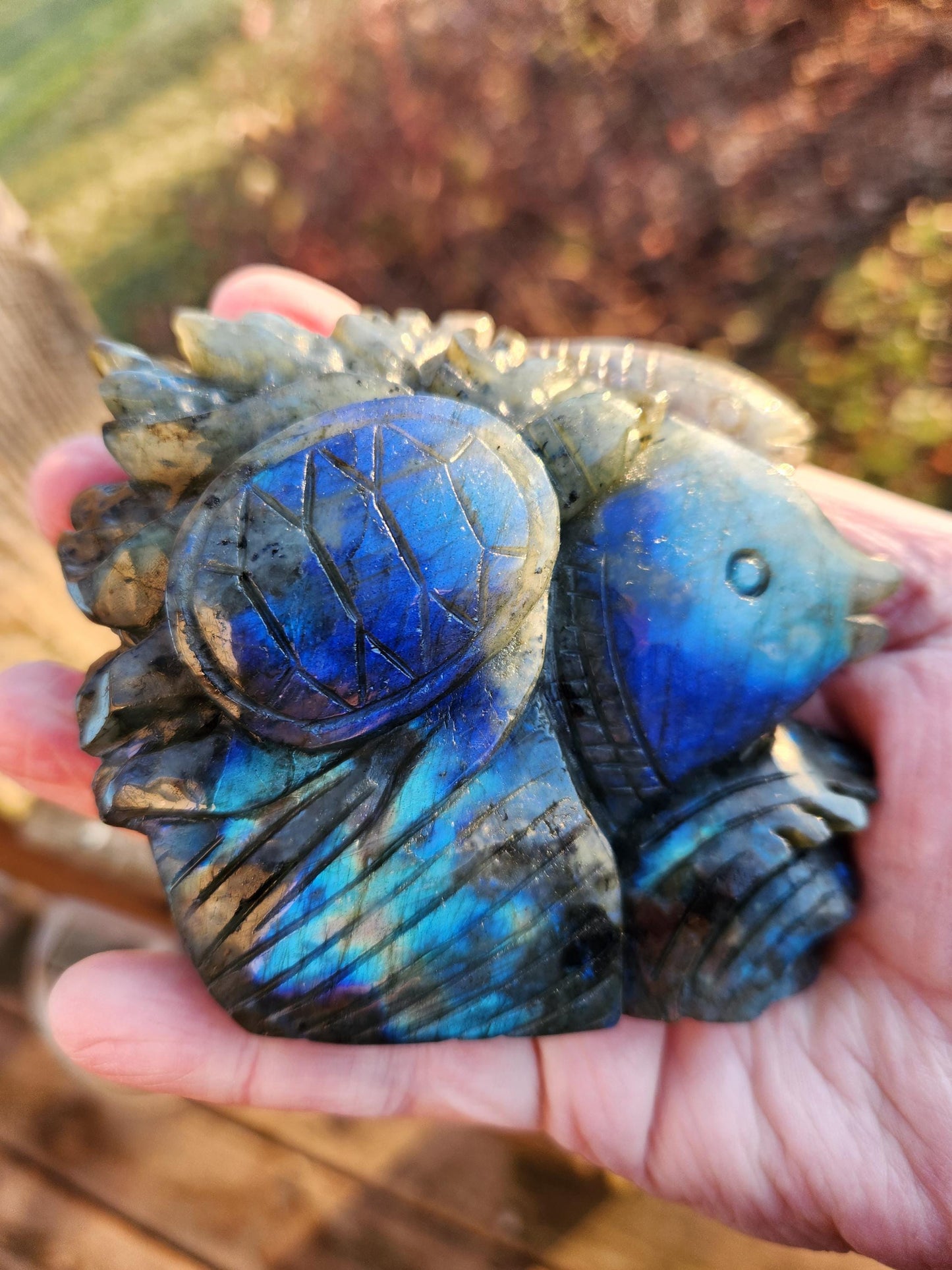 Labradorite Fish & Turtle Carving: Ocean Reef Crystal with Blue Flash
