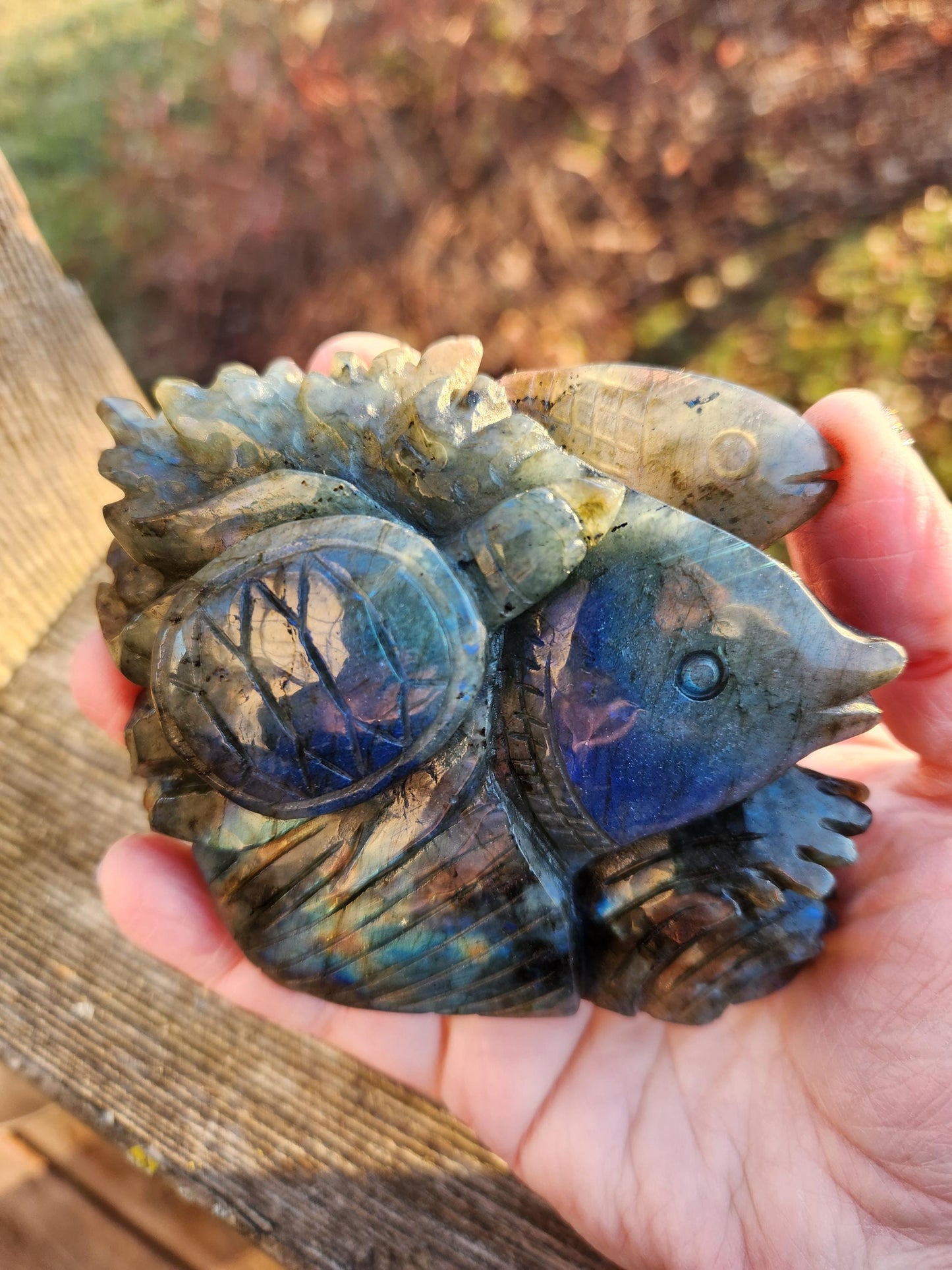 Labradorite Fish & Turtle Carving: Ocean Reef Crystal with Blue Flash
