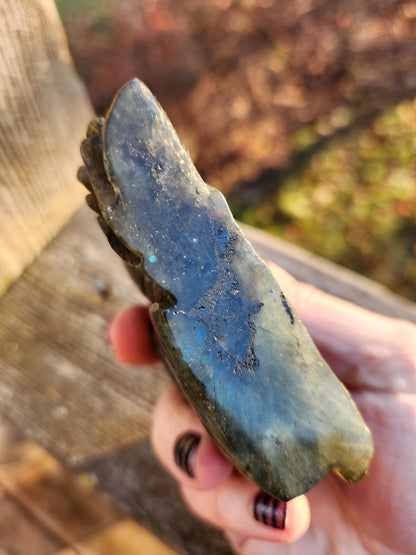 Labradorite Fish & Turtle Carving: Ocean Reef Crystal with Blue Flash