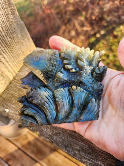 Labradorite Fish & Turtle Carving: Ocean Reef Crystal with Blue Flash