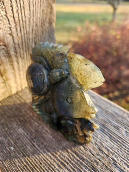 Labradorite Fish & Turtle Carving: Ocean Reef Crystal with Blue Flash