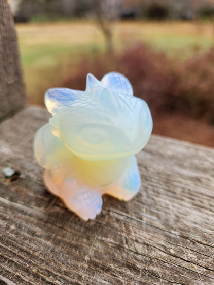 Opalite Dragon Kitty Figurine: Carved Crystal Toothless Dragon