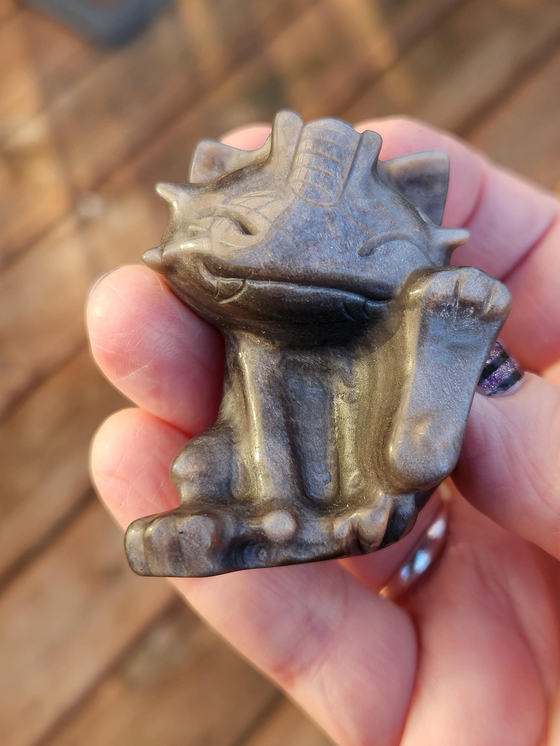 Rare Silver Sheen Obsidian Meowth Natural Stone Crystal with flash, Pokémon, Egyptian Cat