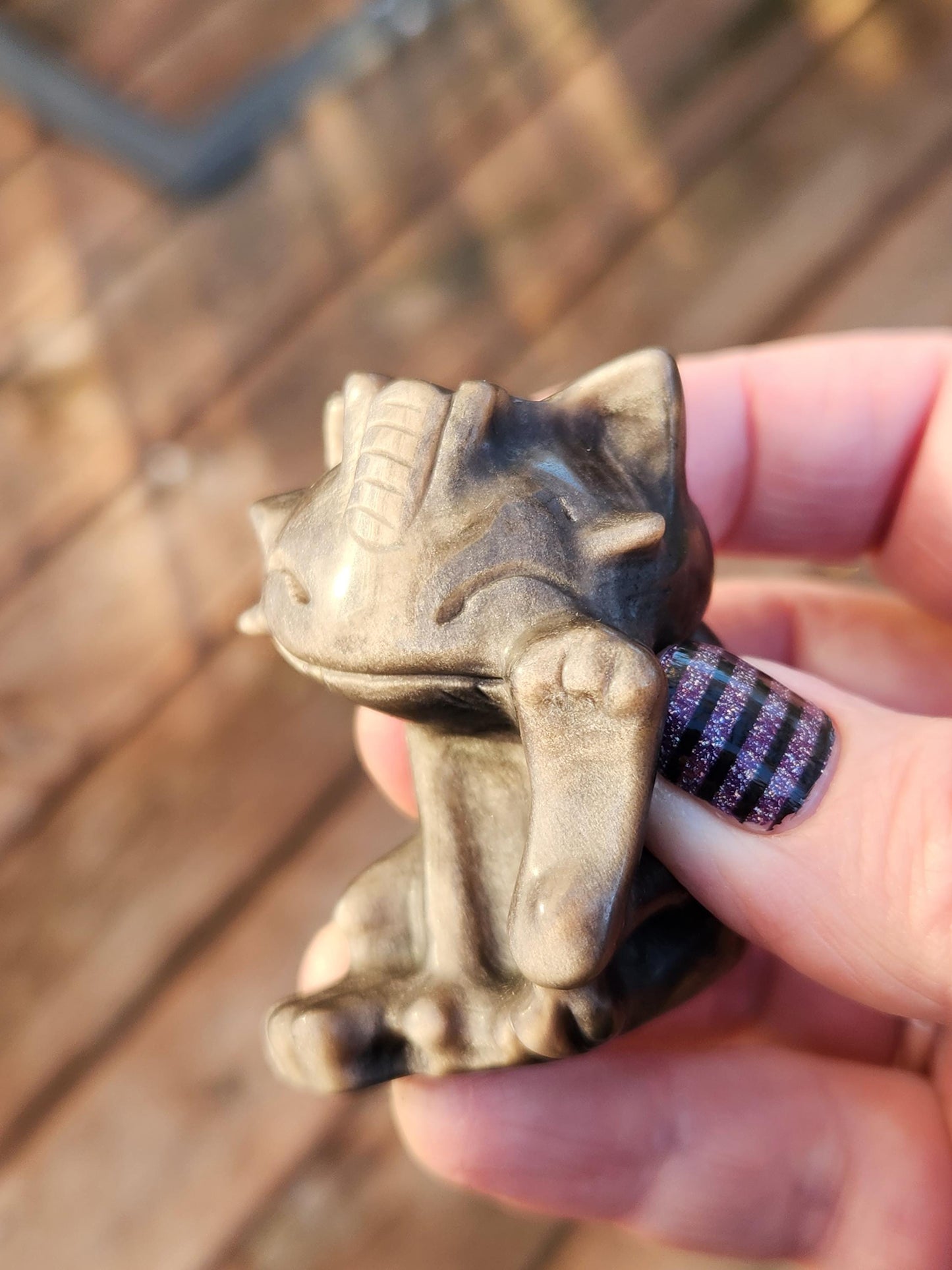 Rare Silver Sheen Obsidian Meowth Natural Stone Crystal with flash, Pokémon, Egyptian Cat