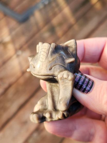 Rare Silver Sheen Obsidian Meowth Natural Stone Crystal with flash, Pokémon, Egyptian Cat