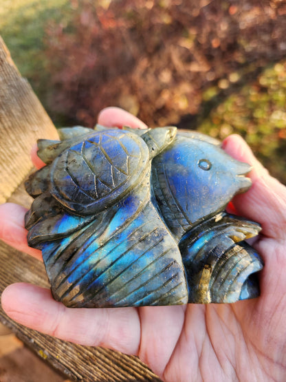 Labradorite Fish & Turtle Carving: Ocean Reef Crystal with Blue Flash