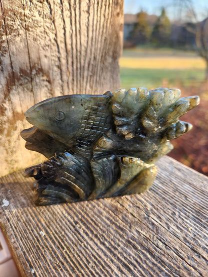 Labradorite Fish & Turtle Carving: Ocean Reef Crystal with Blue Flash