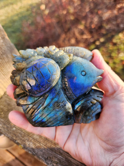 Labradorite Fish & Turtle Carving: Ocean Reef Crystal with Blue Flash