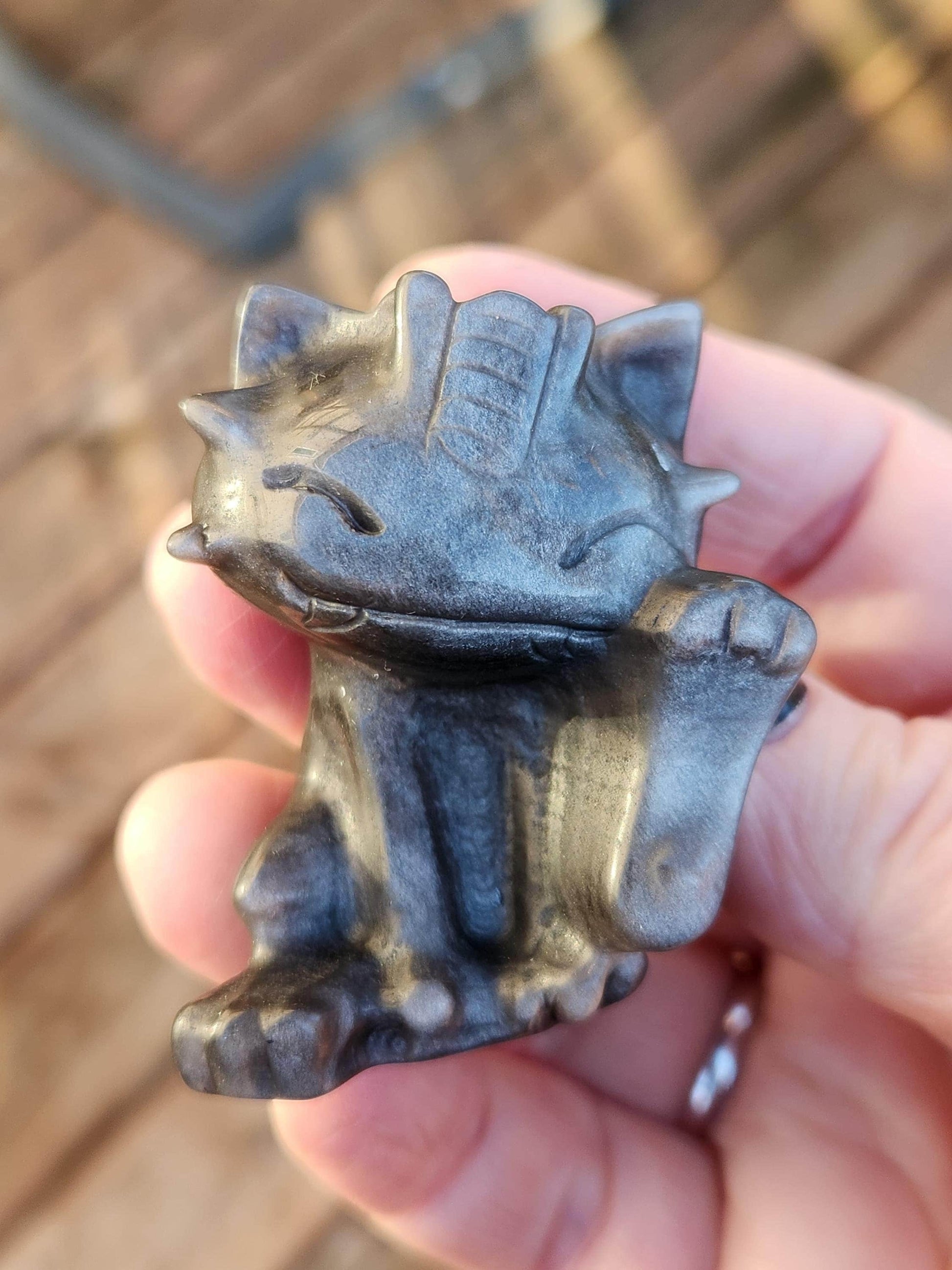 Rare Silver Sheen Obsidian Meowth Natural Stone Crystal with flash, Pokémon, Egyptian Cat