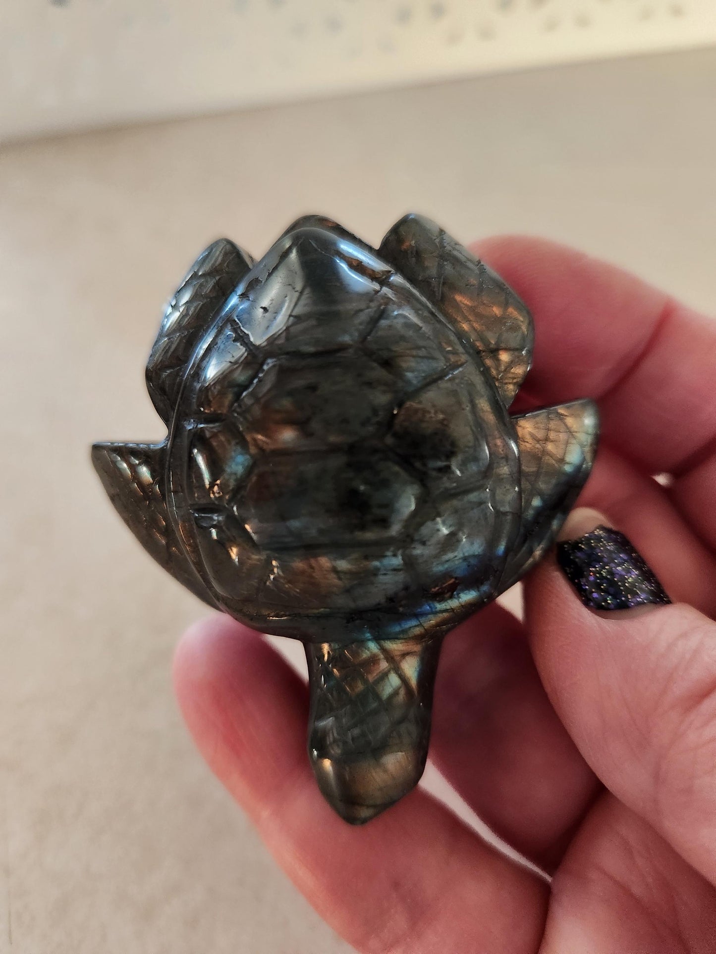Labradorite Turtle Carving: Ocean Crystal with Flash