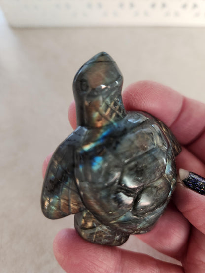 Labradorite Turtle Carving: Ocean Crystal with Flash
