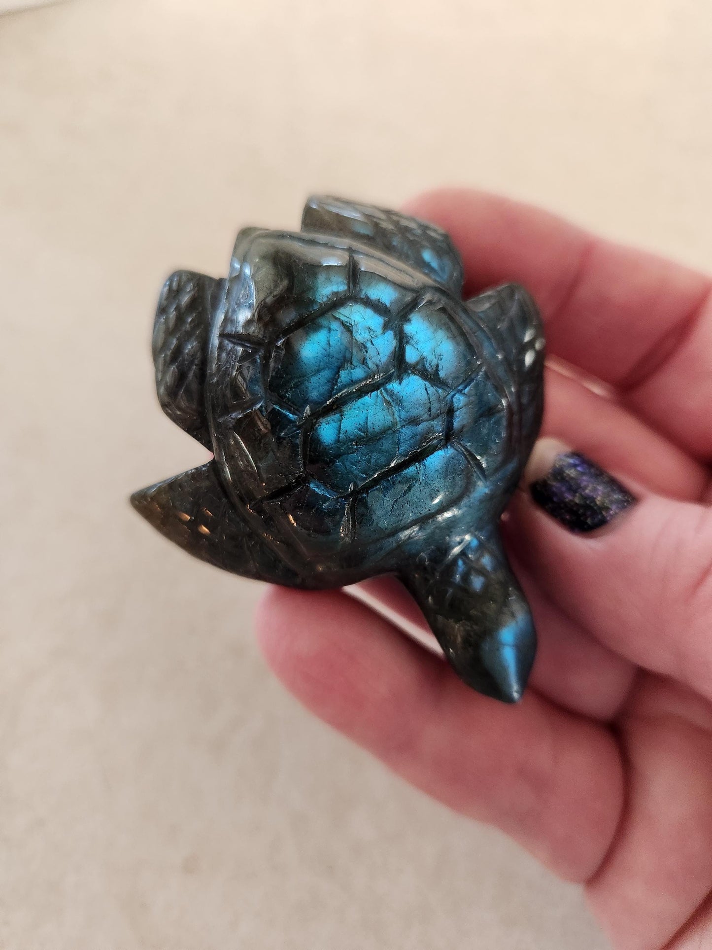 Labradorite Turtle Carving: Blue Flash Crystal, Ocean Decor