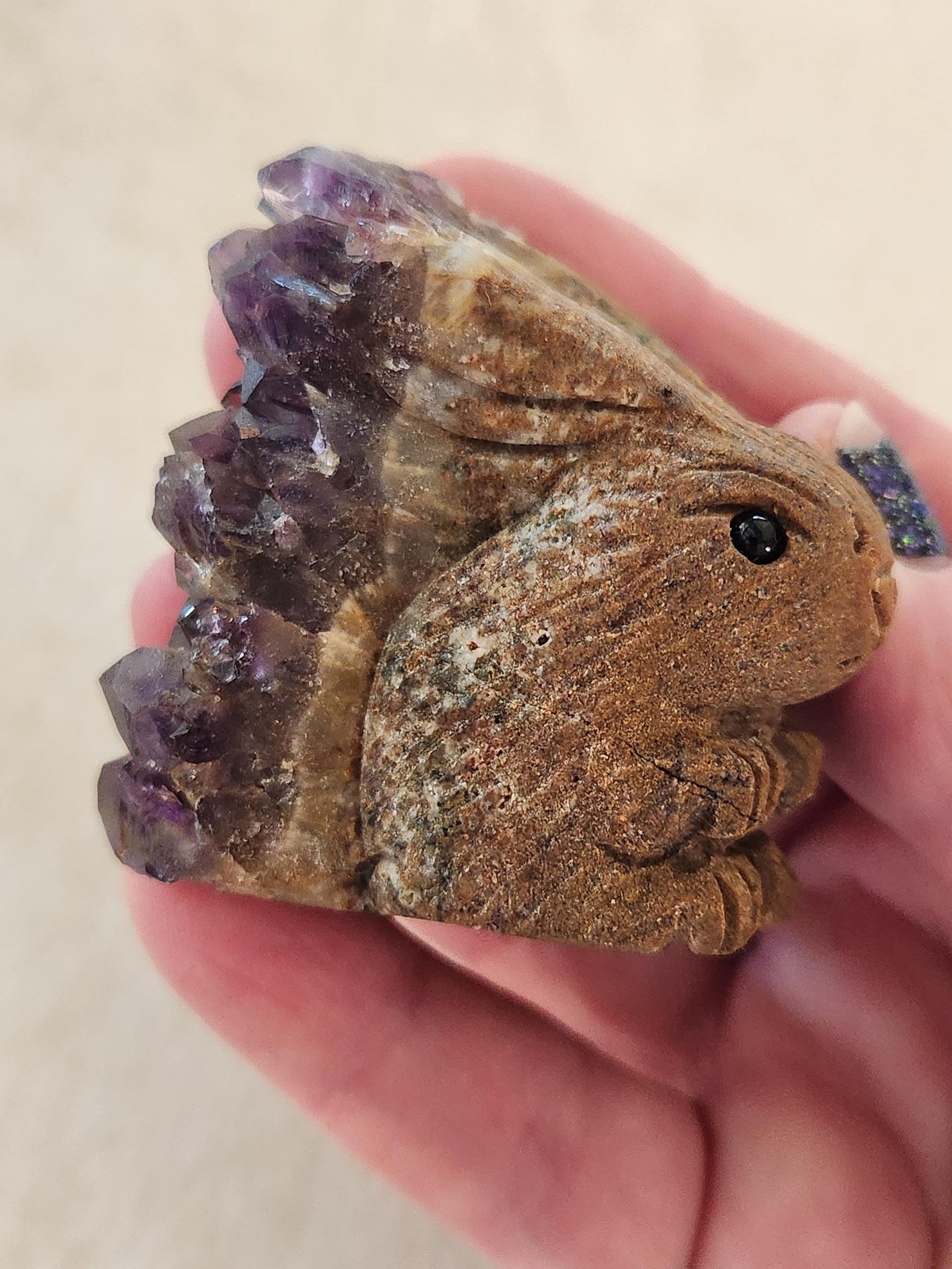 Super Unique Purple Amethyst with Matrix Bunny Carving Natural Stone Crystal