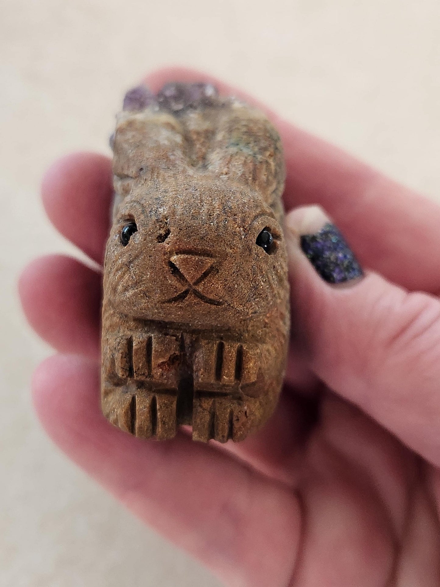 Super Unique Purple Amethyst with Matrix Bunny Carving Natural Stone Crystal