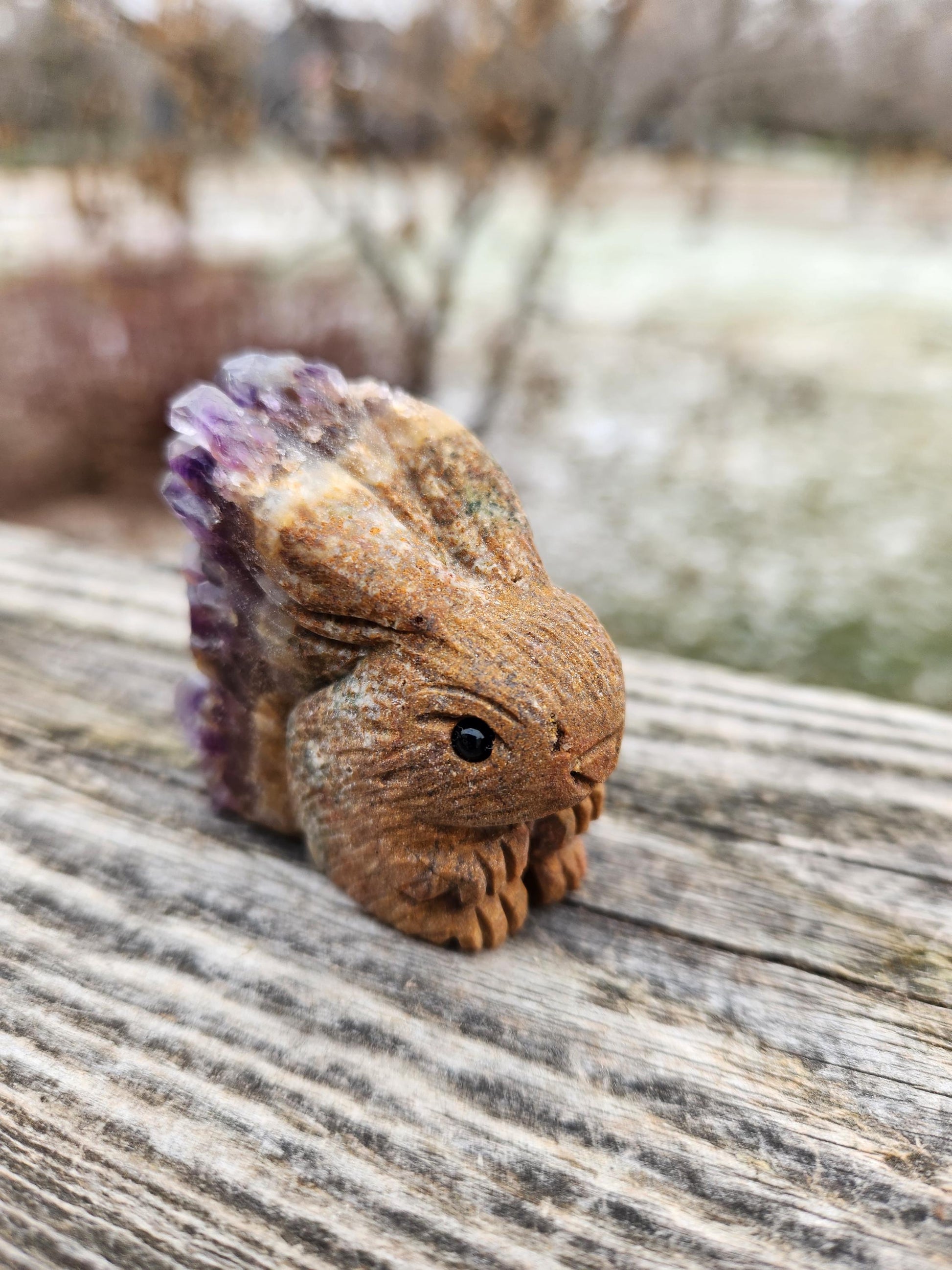 Super Unique Purple Amethyst with Matrix Bunny Carving Natural Stone Crystal
