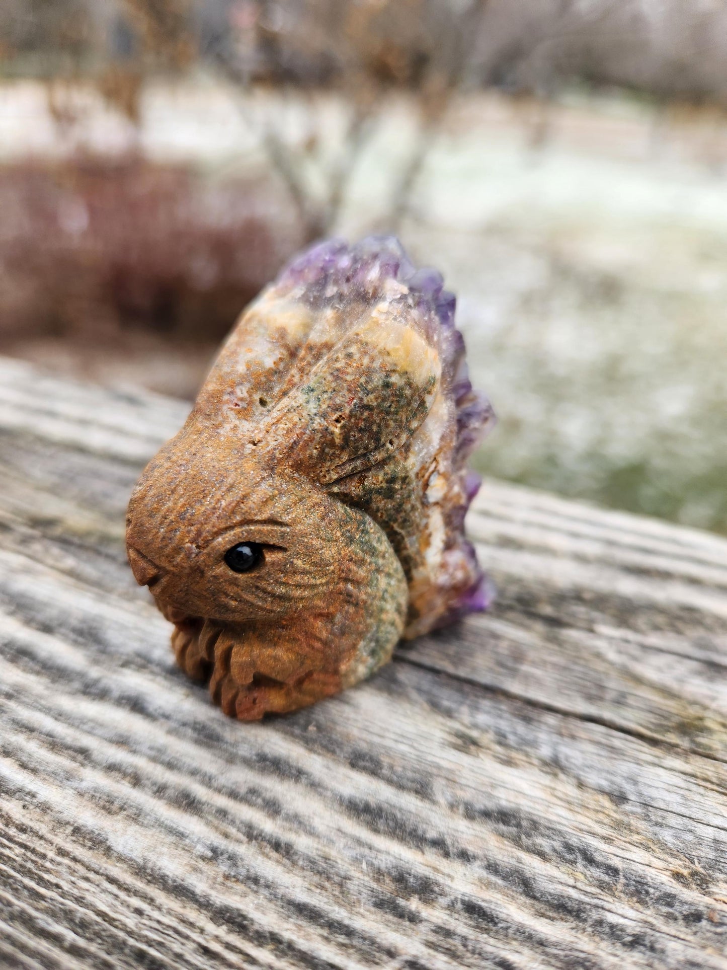 Super Unique Purple Amethyst with Matrix Bunny Carving Natural Stone Crystal