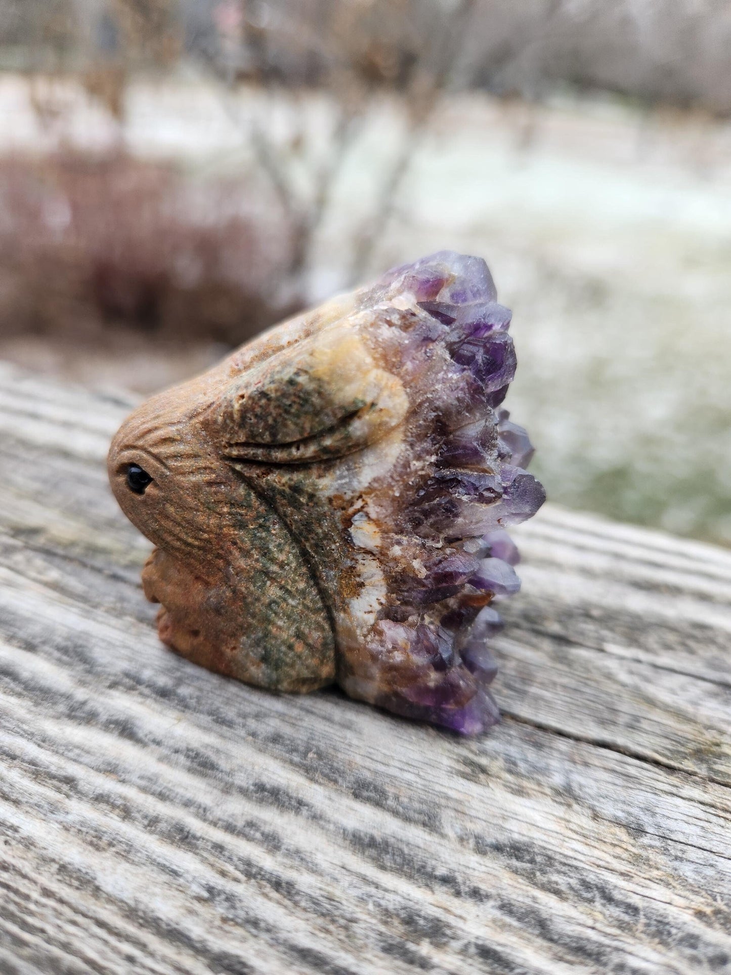 Super Unique Purple Amethyst with Matrix Bunny Carving Natural Stone Crystal