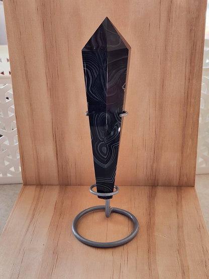 Black Onyx Agate Crystal Wand with Druzy on Stand