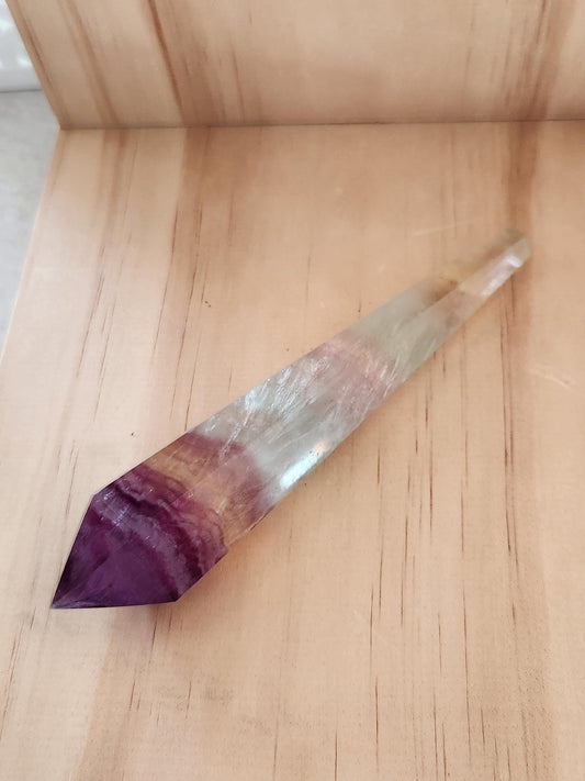 Beautiful Colorful Rainbow Fluorite Crystal Six Pointed Wand on a Stand