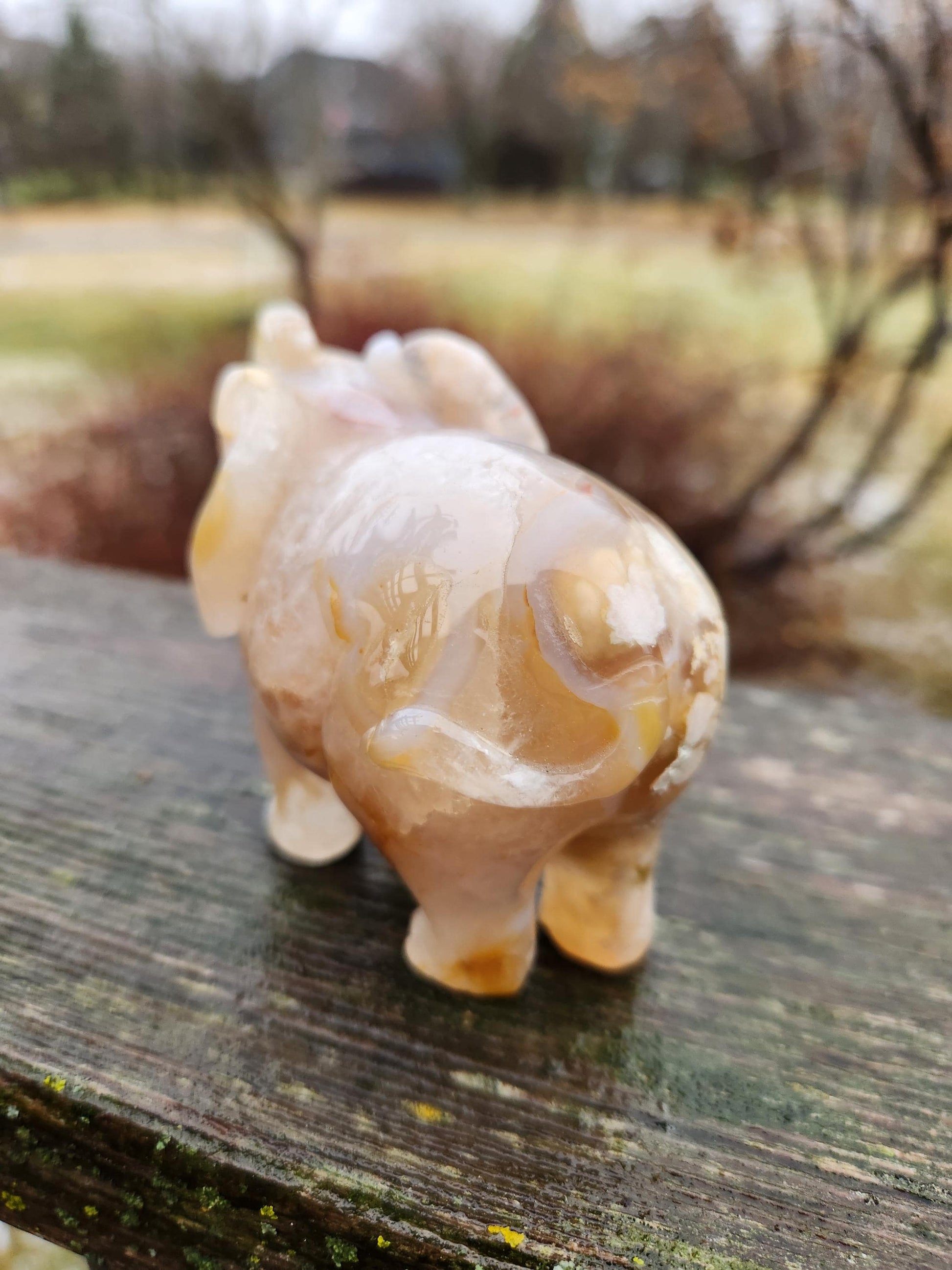 Carved Flower Agate Elephant: High Polished Crystal Stone