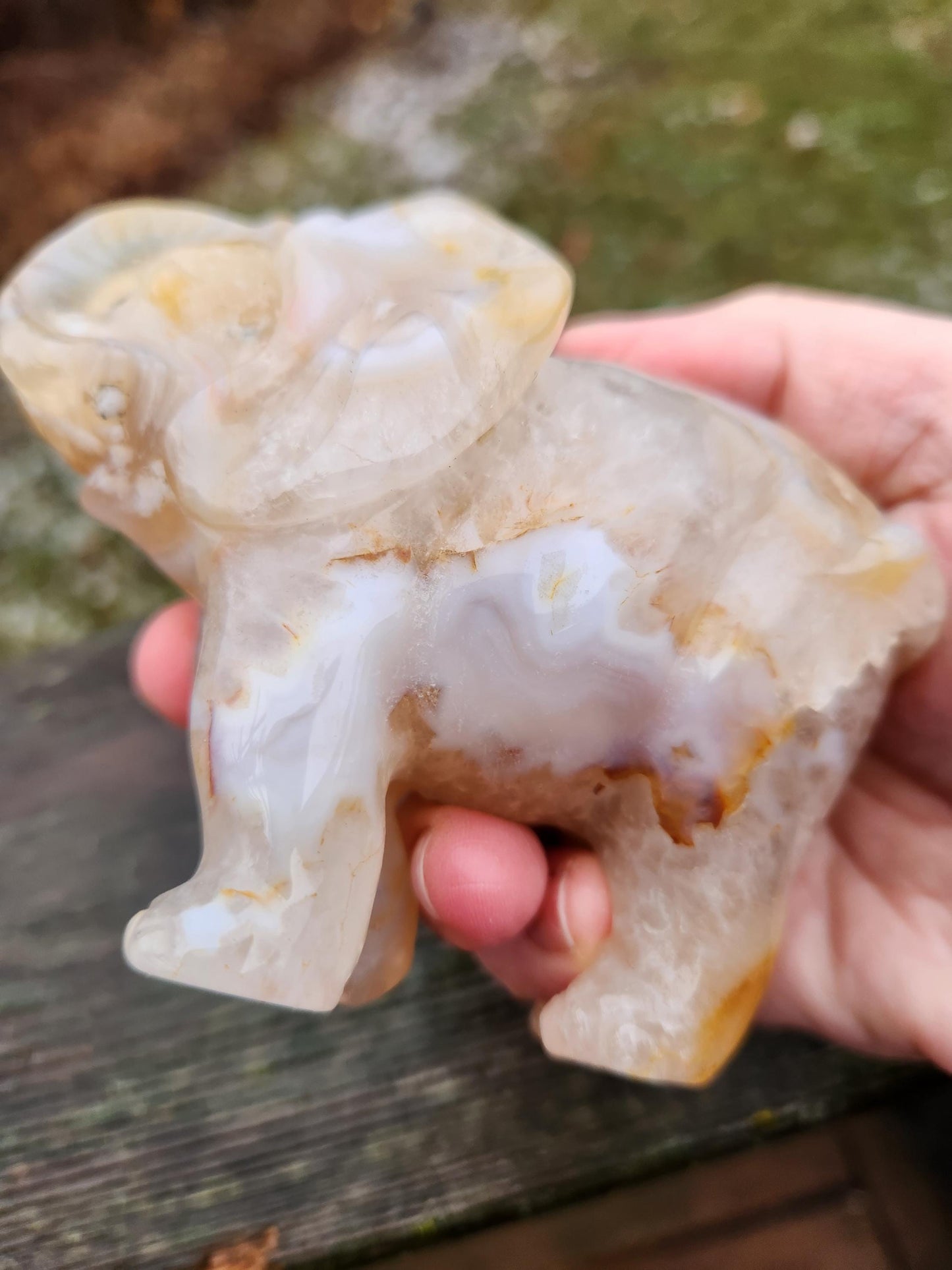 Carved Flower Agate Elephant: High Polished Crystal Stone