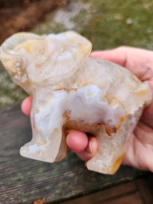 Carved Flower Agate Elephant: High Polished Crystal Stone
