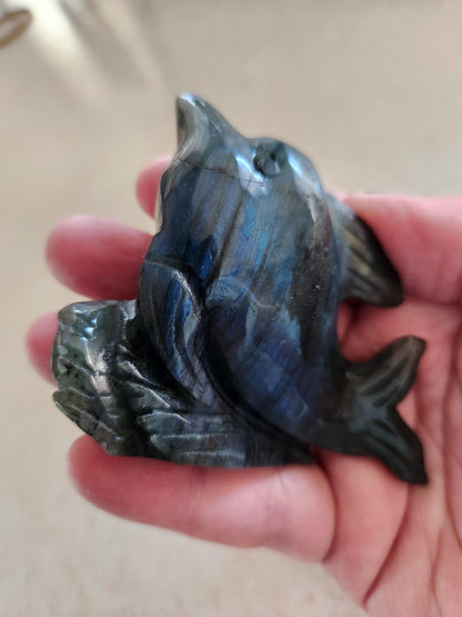 Very Unique & Rare Labradorite Small Dolphin Carved Crystal with Blue flash, Ocean Carving