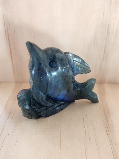 Very Unique & Rare Labradorite Small Dolphin Carved Crystal with Blue flash, Ocean Carving