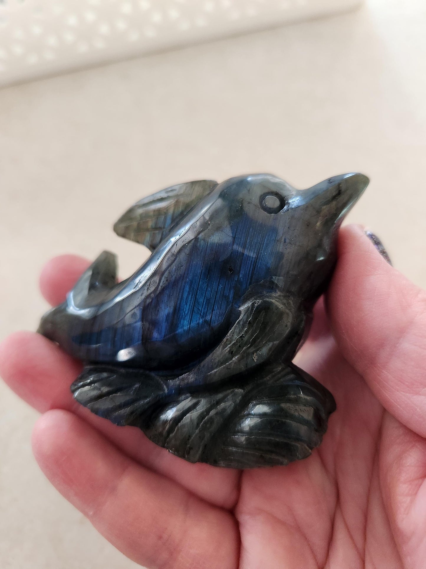 Very Unique & Rare Labradorite Small Dolphin Carved Crystal with Blue flash, Ocean Carving
