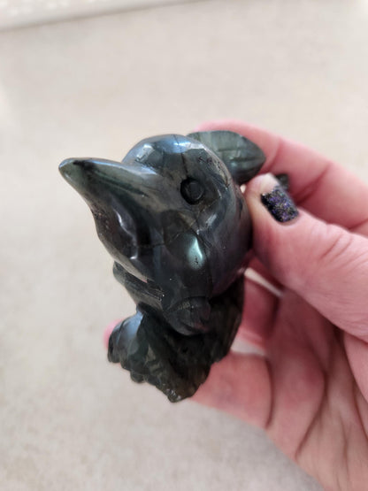 Very Unique & Rare Labradorite Small Dolphin Carved Crystal with Blue flash, Ocean Carving