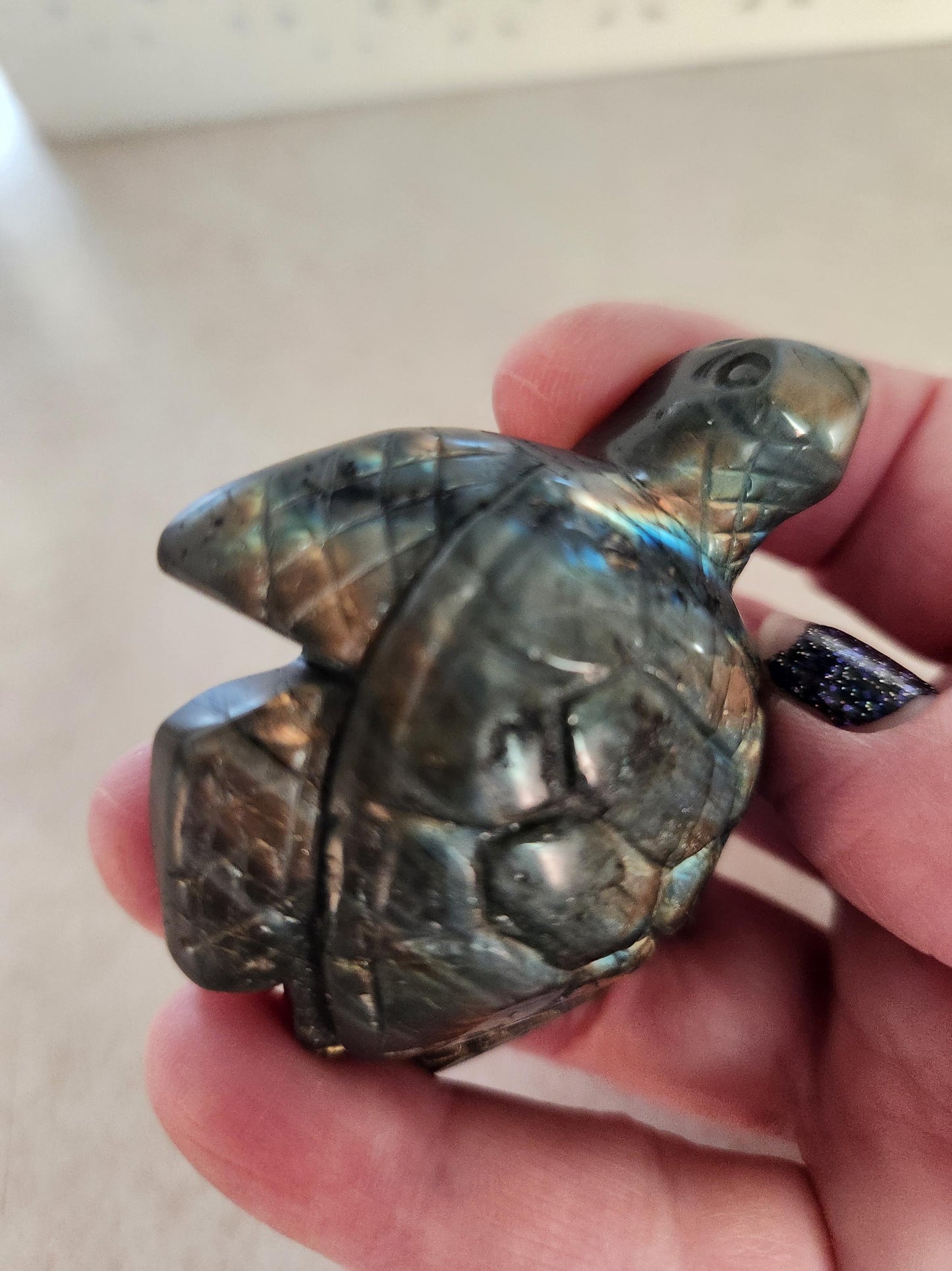 Labradorite Turtle Carving: Ocean Crystal with Flash