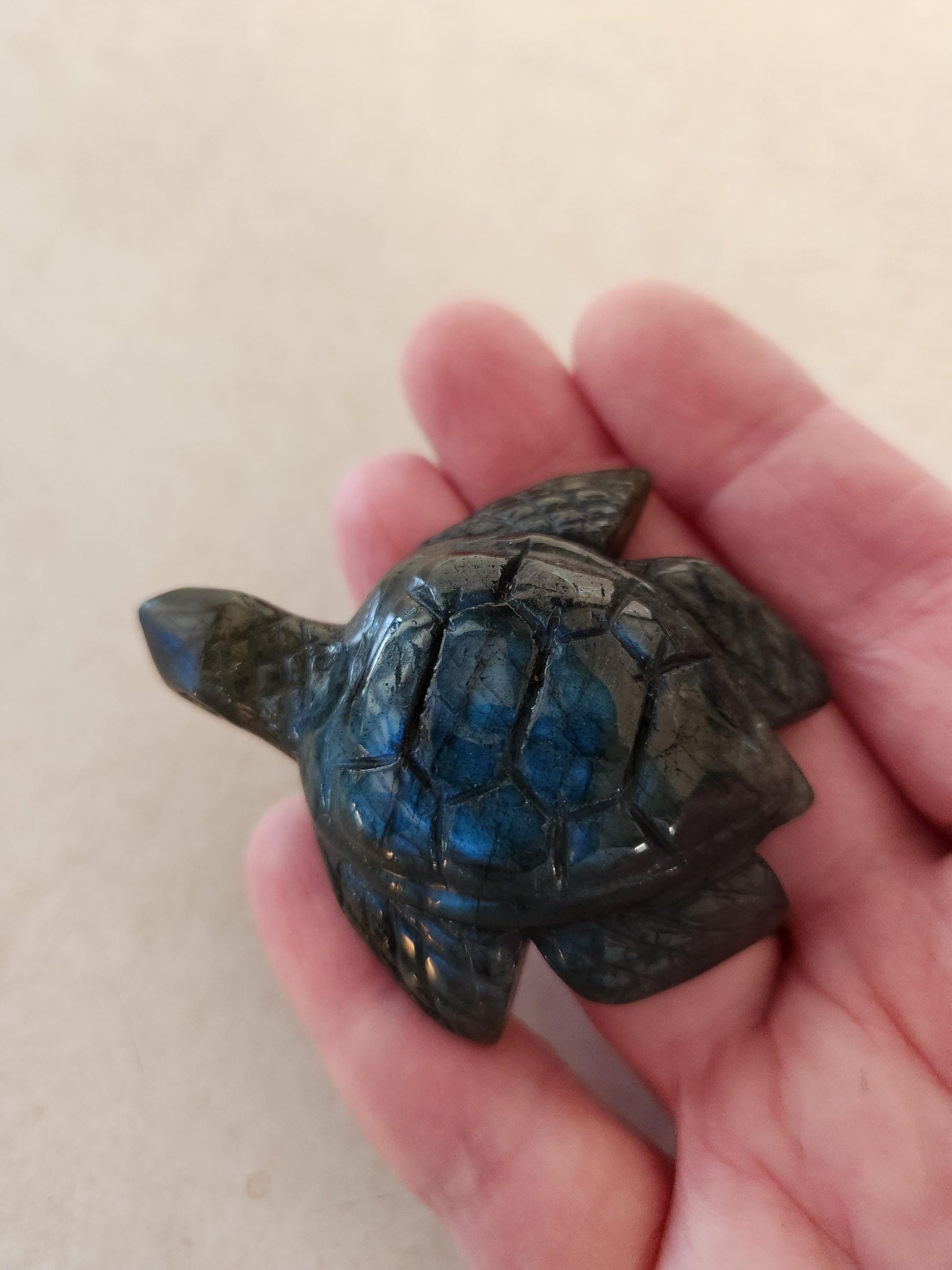 Labradorite Turtle Carving: Blue Flash Crystal, Ocean Decor