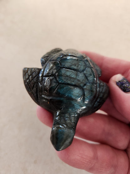 Labradorite Turtle Carving: Blue Flash Crystal, Ocean Decor