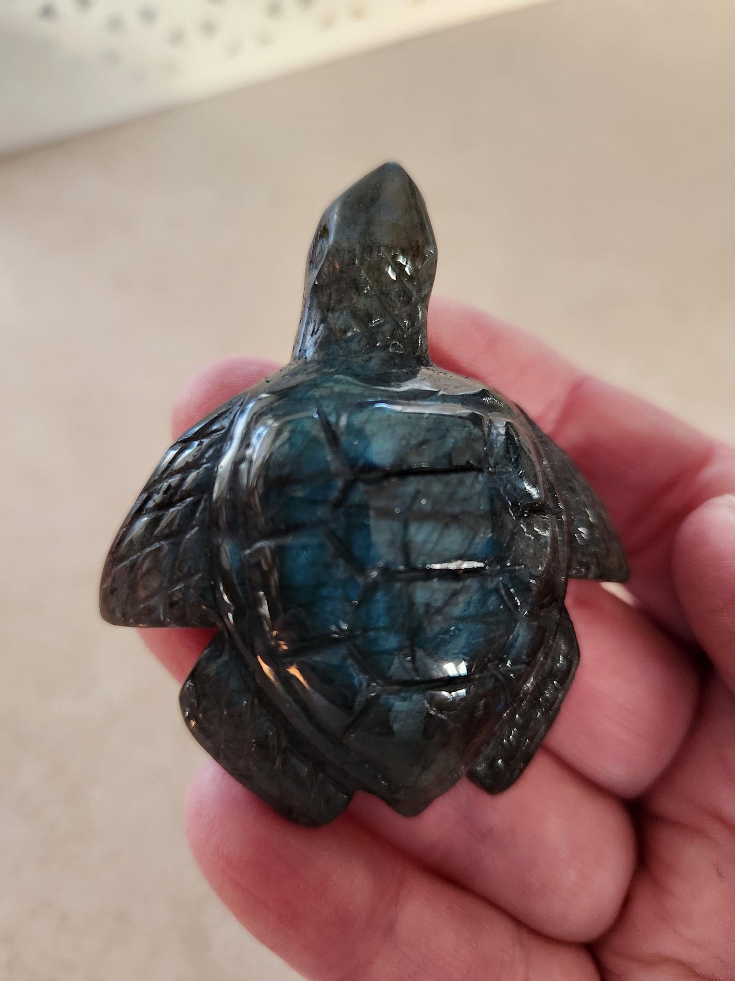 Labradorite Turtle Carving: Blue Flash Crystal, Ocean Decor