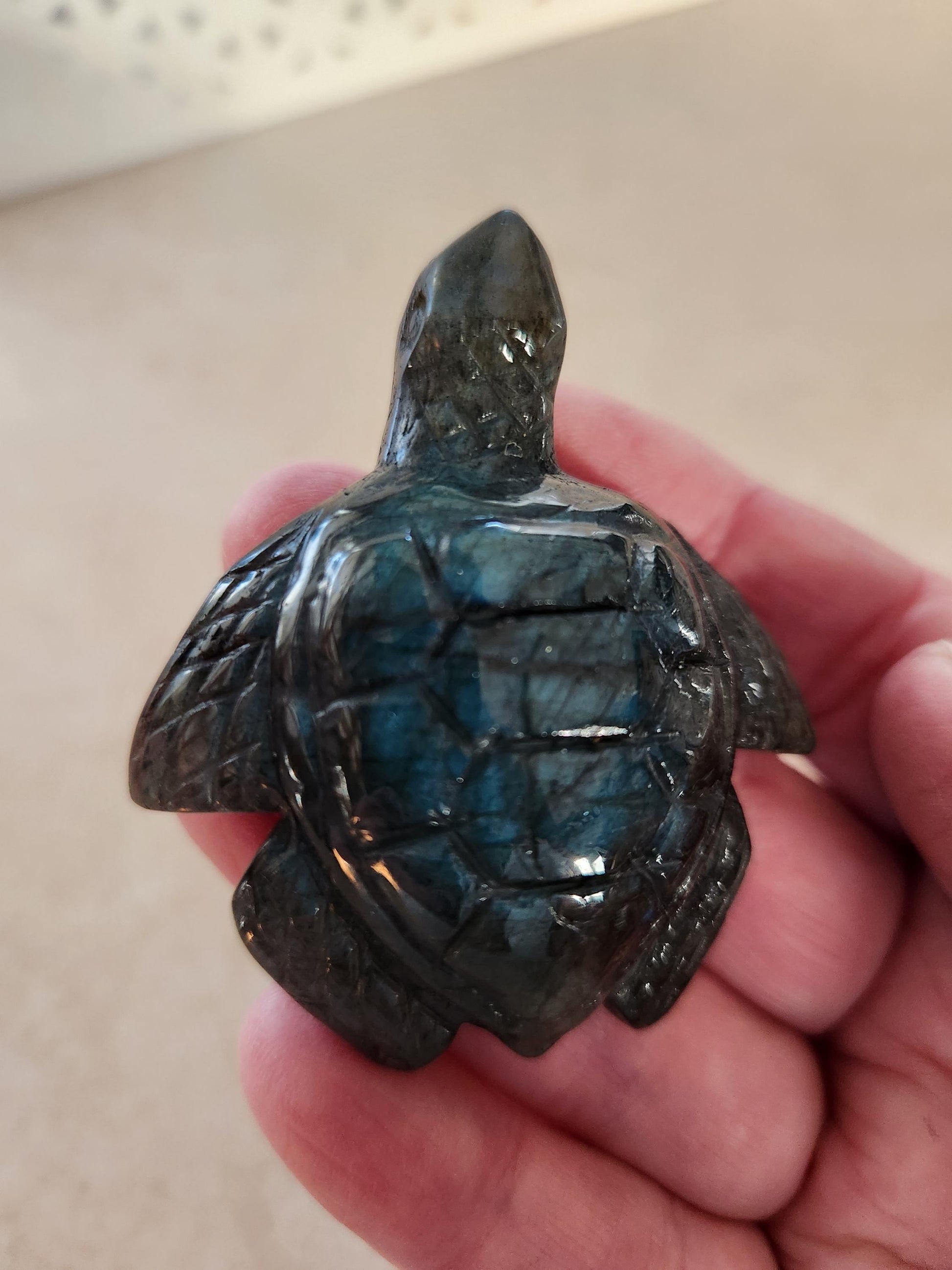 Labradorite Turtle Carving: Blue Flash Crystal, Ocean Decor