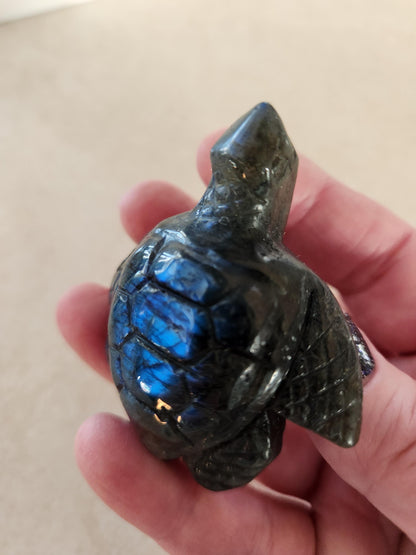 Labradorite Turtle Carving: Blue Flash Crystal, Ocean Decor