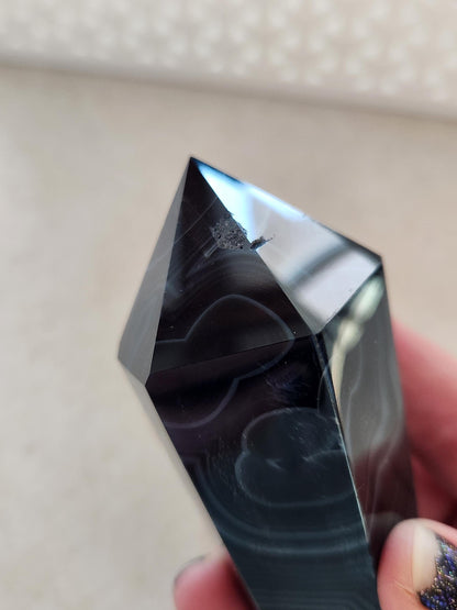 Black Onyx Agate Crystal Wand with Druzy on Stand