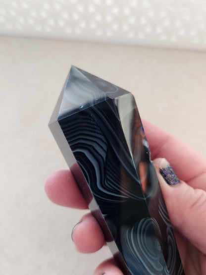 Black Onyx Agate Crystal Wand with Druzy on Stand